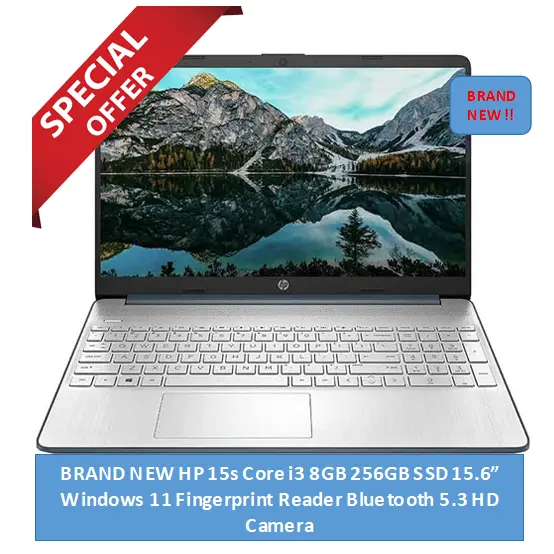 BOXED  HP 15s -fq5340TU Intel Core i3 8GB 256GB SSD 15.6" FHD Windows 11 Home Fingerprint Reader HD Camera Dual Speakers Bluetooth 4.2 Wireless card Natural Silver one year Warranty Laptop