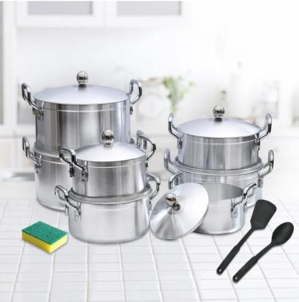 Tornado (TC) Aluminium Cookware Set – 14pcs Silver Sufuria Set with Lids + Free Utensils & Scotch Pad