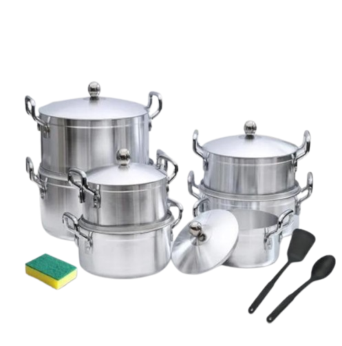 Tornado (TC) Aluminium Cookware Set – 14pcs Silver Sufuria Set with Lids + Free Utensils & Scotch Pad