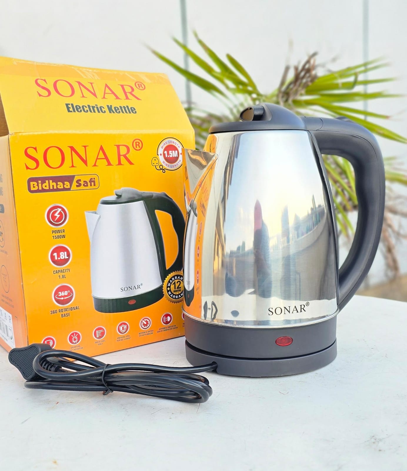 Sonar 1.8L Stainless Steel Electric Kettle – 1500W Fast Boil, Auto Shut-Off, 360° Swivel Base