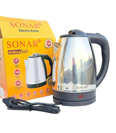 Sonar 1.8L Stainless Steel Electric Kettle – 1500W Fast Boil, Auto Shut-Off, 360° Swivel Base