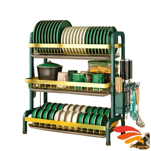 3-Layer Green-Gold Dish Rack – Large Capacity Kitchen Organizer with Utensil Holder, Hooks & Drain Trays – Rust-Resistant & Space-Saving Design