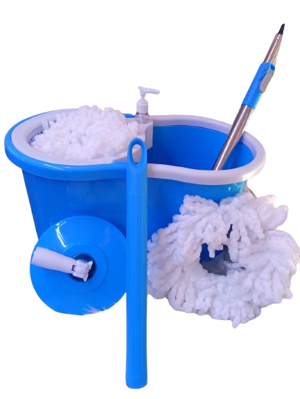 360° Spin Mop with Bucket Set – Stainless Steel Handle, Dual Microfiber Mop Heads, Built-In Soap Dispenser, Easy Wring System – Blue.