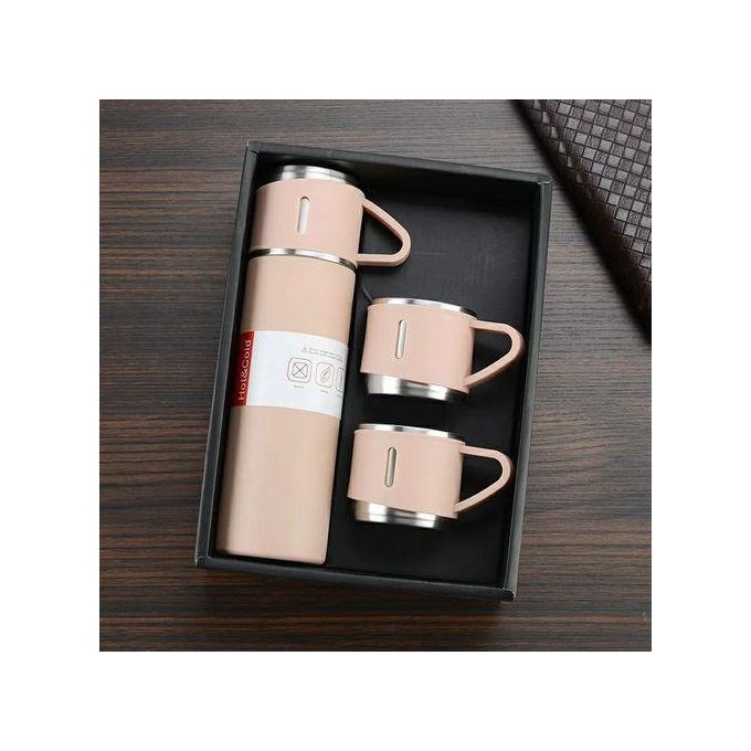 Thermo 500ml Vacuum Insulated Bottle With 3 Cup For Hot & Cold Drinks Portable Water Flask Ideal Gift For Cooperative Office, Diwali And Birthday Gift, (Multi Color