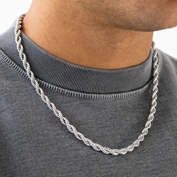 Mens Italian 925 Sterling Silver Diamond Cut Rope Chain Necklace, 5MM, 6MM, 7.5MM ,8.5MM- Mens Rope Chain, Sterling Silver Rope Chain Necklace For Men, Mens Rope Chain Bracelet (20.00, 6MM)