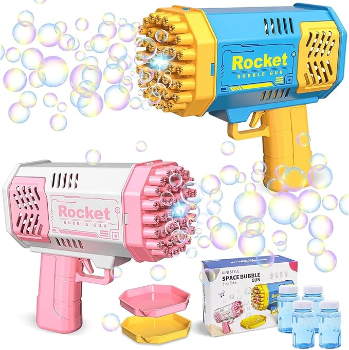 Bubble Machine Gun, Bubble Gun with Lights, Bubble Solution, 69 Holes Bubbles Machine for Kids Adults, Summer Toy Gift for Outdoor Indoor Birthday Wedding Party - Blue Bubble Makers