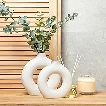 Porcelain ceramic 2 in1 elegant decor donut flower vases-Stylish Minimalist Decor for Boho Weddings Parties Home Interiors, Elegant Hollow Round Pampas Flower Vases for Dining Tables Shelves Rooms