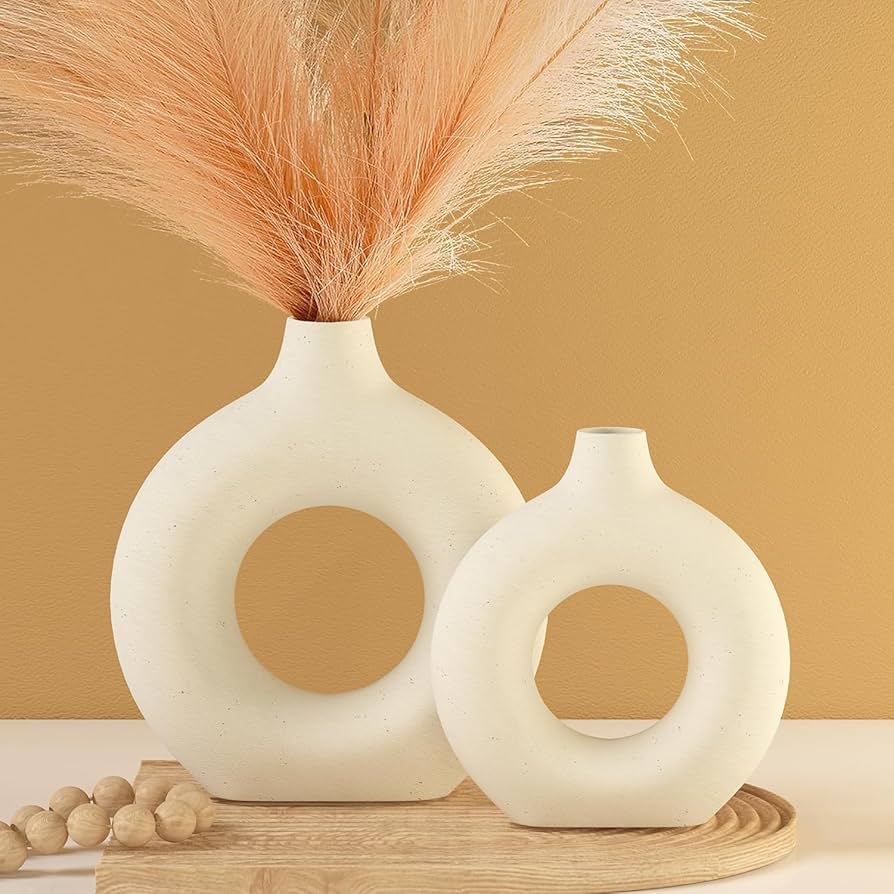 Porcelain ceramic 2 in1 elegant decor donut flower vases-Stylish Minimalist Decor for Boho Weddings Parties Home Interiors, Elegant Hollow Round Pampas Flower Vases for Dining Tables Shelves Rooms