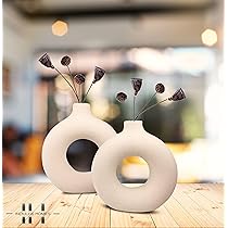 Porcelain ceramic 2 in1 elegant decor donut flower vases-Stylish Minimalist Decor for Boho Weddings Parties Home Interiors, Elegant Hollow Round Pampas Flower Vases for Dining Tables Shelves Rooms
