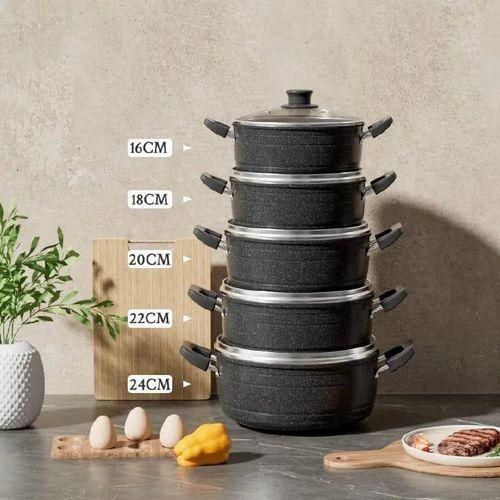 Jamespot 10-Piece Granite Nonstick Cookware Set – Durable Black Cooking Pots with Lids – Scratch-Resistant, Easy to Clean, Stylish Kitchen Essential