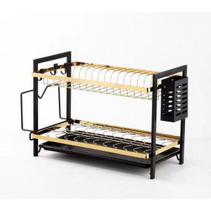 2 Tier Black and Gold Dishrack – Stylish Kitchen Dish Drying Rack with Upper and Lower Storage Levels, Durable Metal Frame, Space Saving Design for Plates, Cups and Utensils