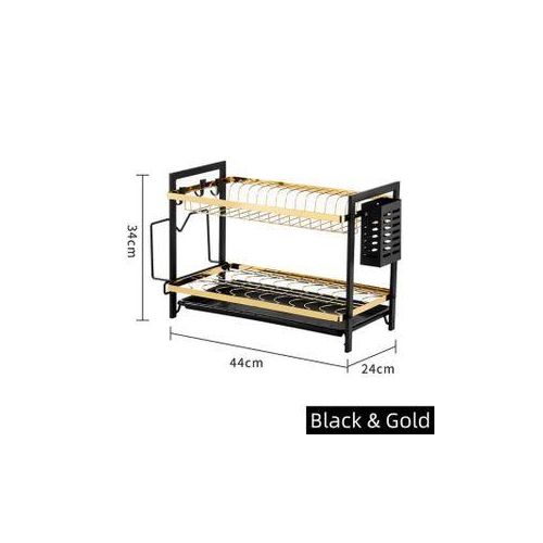 2 Tier Black and Gold Dishrack – Stylish Kitchen Dish Drying Rack with Upper and Lower Storage Levels, Durable Metal Frame, Space Saving Design for Plates, Cups and Utensils