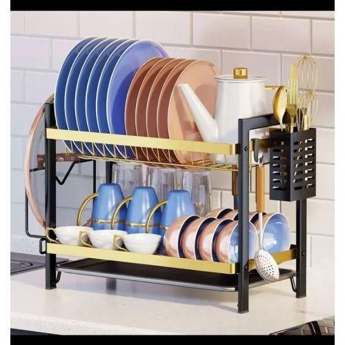 2 Tier Black and Gold Dishrack – Stylish Kitchen Dish Drying Rack with Upper and Lower Storage Levels, Durable Metal Frame, Space Saving Design for Plates, Cups and Utensils