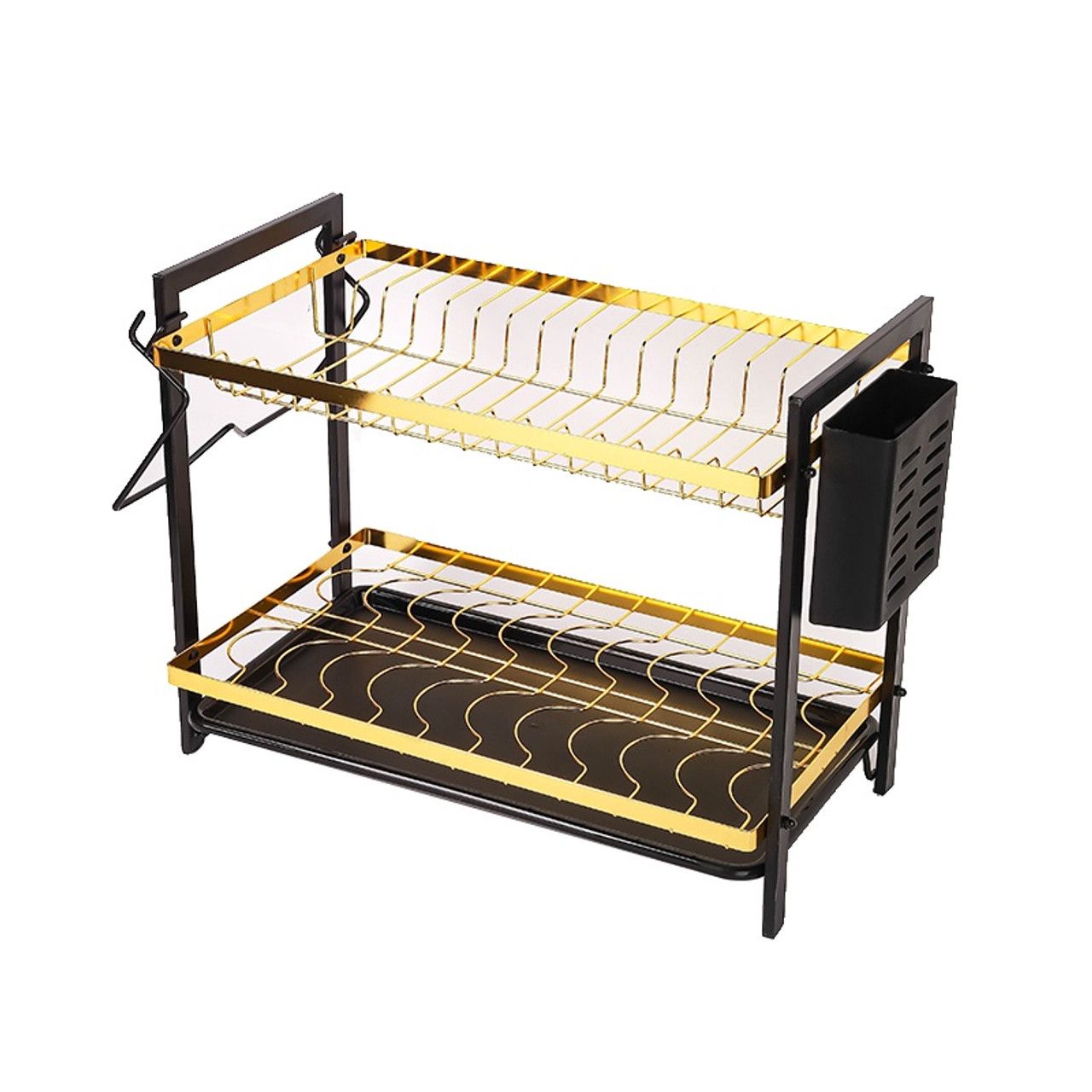 2 Tier Black and Gold Dishrack – Stylish Kitchen Dish Drying Rack with Upper and Lower Storage Levels, Durable Metal Frame, Space Saving Design for Plates, Cups and Utensils