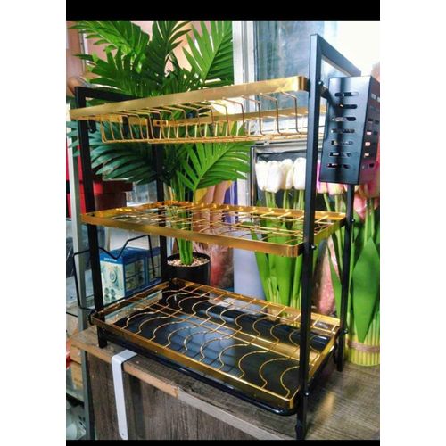 3 Layer Black and Gold Dishrack – Stylish Three Tier Kitchen Dish Drying Rack with Spacious Storage Levels, Durable Metal Frame, Space Saving Design for Plates, Cups and Utensils