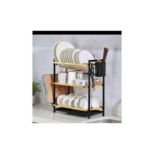3 Layer Black and Gold Dishrack – Stylish Three Tier Kitchen Dish Drying Rack with Spacious Storage Levels, Durable Metal Frame, Space Saving Design for Plates, Cups and Utensils