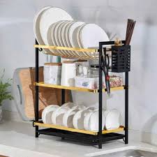 3 Layer Black and Gold Dishrack – Stylish Three Tier Kitchen Dish Drying Rack with Spacious Storage Levels, Durable Metal Frame, Space Saving Design for Plates, Cups and Utensils