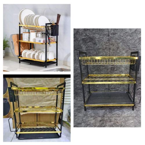 3 Layer Black and Gold Dishrack – Stylish Three Tier Kitchen Dish Drying Rack with Spacious Storage Levels, Durable Metal Frame, Space Saving Design for Plates, Cups and Utensils