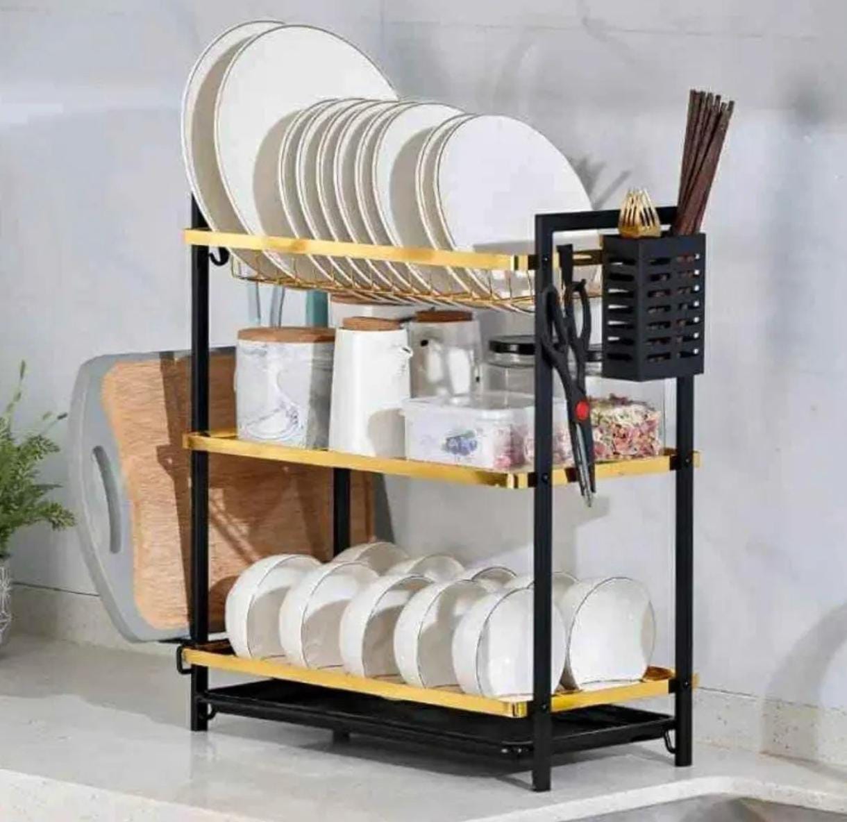 3 Layer Black and Gold Dishrack – Stylish Three Tier Kitchen Dish Drying Rack with Spacious Storage Levels, Durable Metal Frame, Space Saving Design for Plates, Cups and Utensils