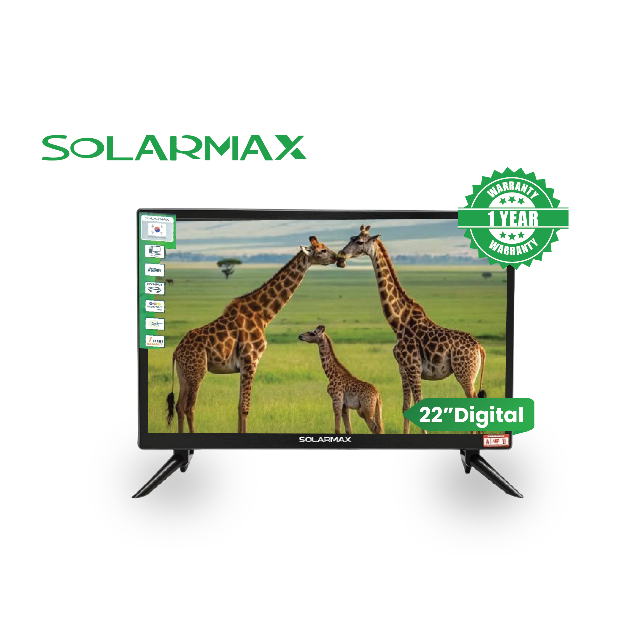 Solarmax 22″ LED DIGITAL TV — HD DISPLAY WITH AC/DC POWER, DVB-T2 TUNER & MULTI-PORT CONNECTIVITY,  1 Year Warranty