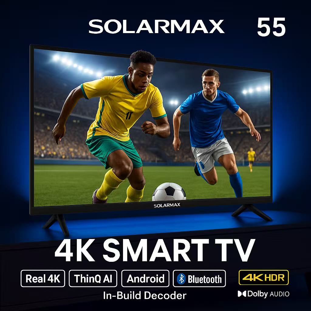 Solarmax 55-Inch Frameless Android In-Build decoder Smart TV Real 4K Full HD ThinQ AI Bluetooth Netflix YouTube Prime Video  Built-in Miracast DVB-T2 14 Months Warranty