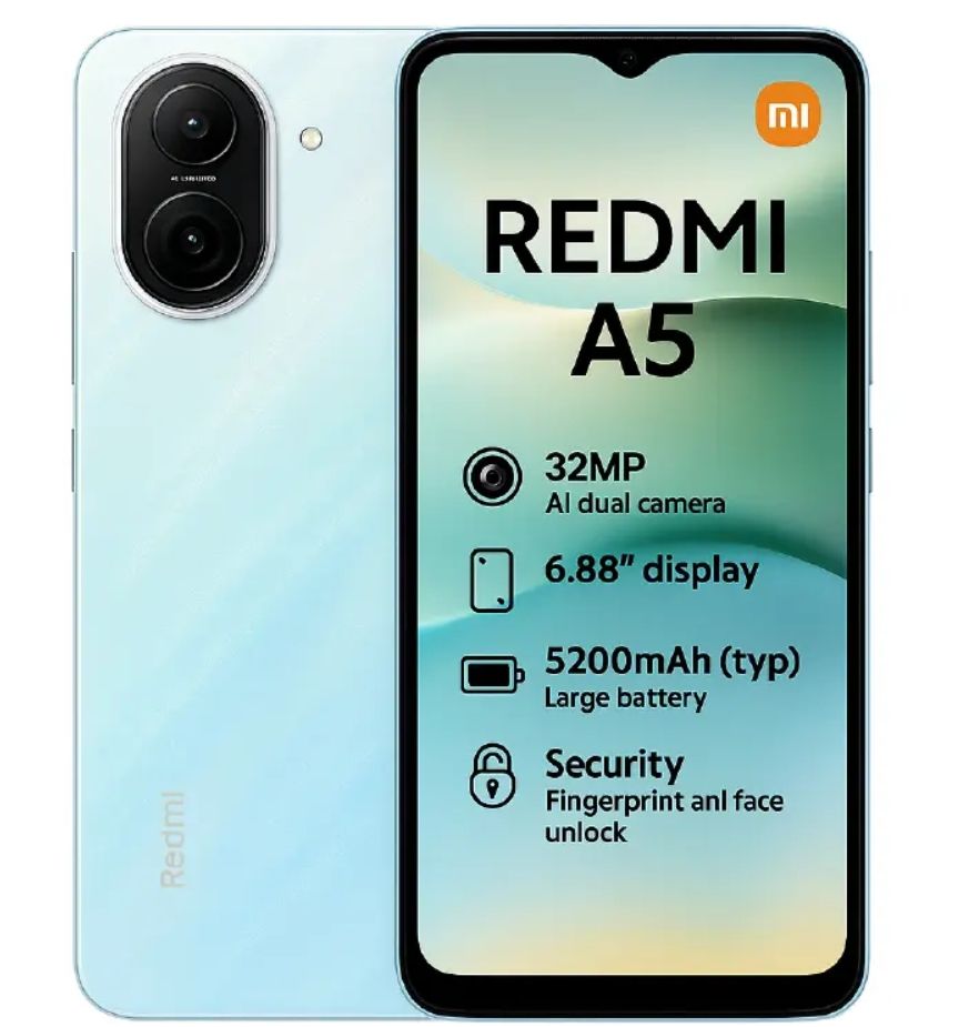 [New Arrival] Redmi A5 64GB+3GB 6.88" 120Hz Display 32MP+8MP Cameras Android 15 5200mAh Battery Fingerprint Unlock Unisoc T7250 Processor Dust and Splash Resistant Smart Phone
