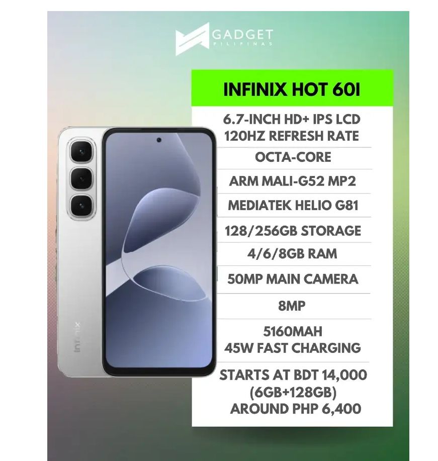 [New Arrival] Infinix Hot 60i 256GB+8GB 6.7" IPS LCD 120Hz Display 50MP Camera 5160mAh Battery 45W Fast Charging IP64 Dust/Water Resistant Dual SIM MTK Helio G81 Ultimate Bypass Charging AI Smartphone