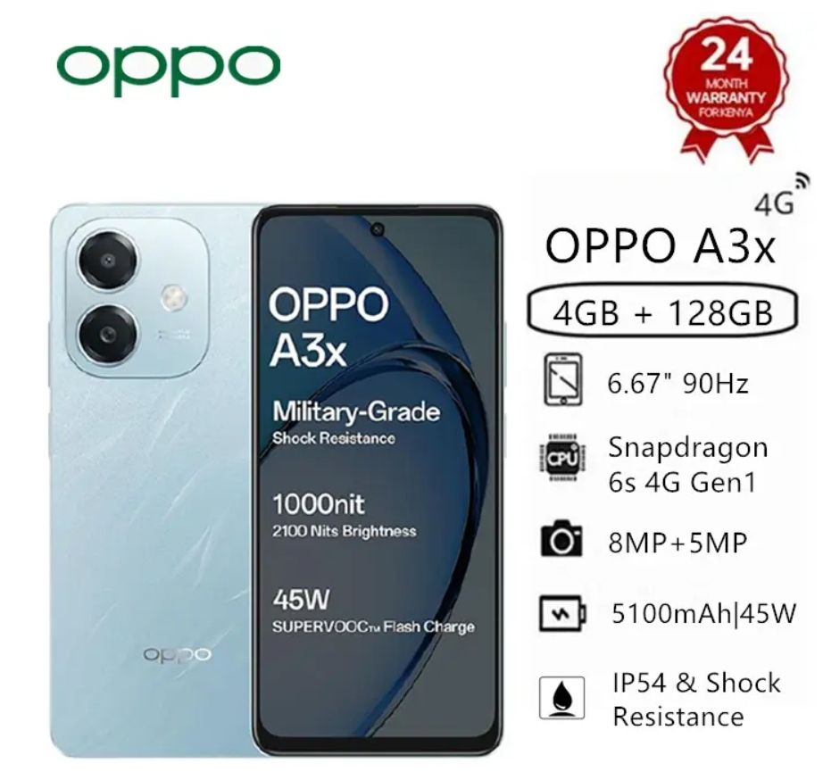 [Brand New] OPPO A3x 4GB RAM+ 64GB ROM 6.67" 90Hz Snapdragon 6s 4G Gen1 Android 14 45W 5100mAh Type-C Charge Smart Phones Side Fingerprint and Face Unlock phone