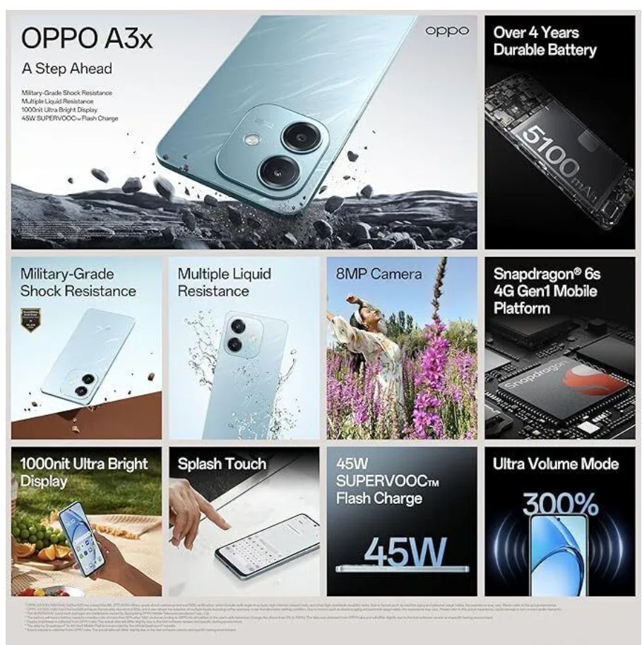 [Brand New] OPPO A3x 4GB RAM+ 64GB ROM 6.67" 90Hz Snapdragon 6s 4G Gen1 Android 14 45W 5100mAh Type-C Charge Smart Phones Side Fingerprint and Face Unlock phone
