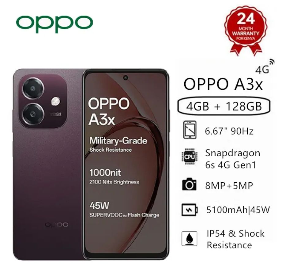 [Brand New] OPPO A3x 4GB RAM+ 64GB ROM 6.67" 90Hz Snapdragon 6s 4G Gen1 Android 14 45W 5100mAh Type-C Charge Smart Phones Side Fingerprint and Face Unlock phone