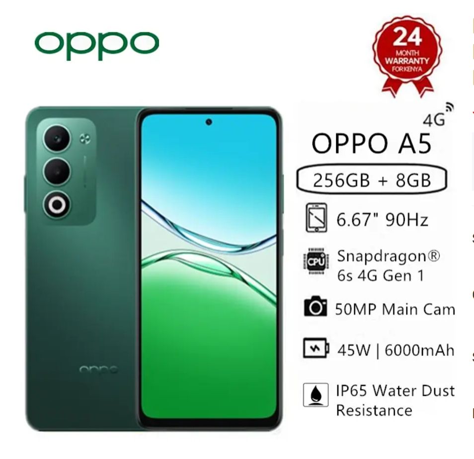 Brand New OPPO A5 256GB+8GB 6.67" 120Hz 45W 6000mAh Large Battery MTK Dimensity 6300 (6 nm) 50MP Android 15 Type-C Charge IP65 Water Dust Resistance Smart Phones Side Fingerprint Unlock phone