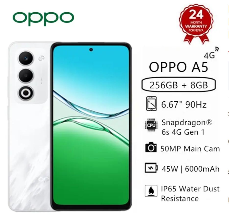 Brand New OPPO A5 256GB+8GB 6.67" 120Hz 45W 6000mAh Large Battery MTK Dimensity 6300 (6 nm) 50MP Android 15 Type-C Charge IP65 Water Dust Resistance Smart Phones Side Fingerprint Unlock phone