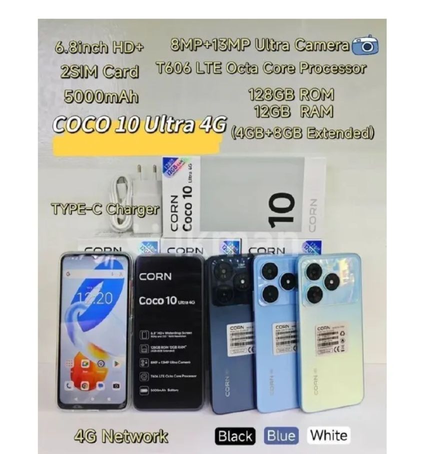 [Hot Deal 🔥]Corn Coco 10 Ultra 4G 128GB+12GB(4+8)GB 5000mAh Battery 6.8 Inches HD+ Screen 13 MP Main camera 8MP Selfie 90Hz refresh rate Type-C Charger Android 14 Phone SmartPhone