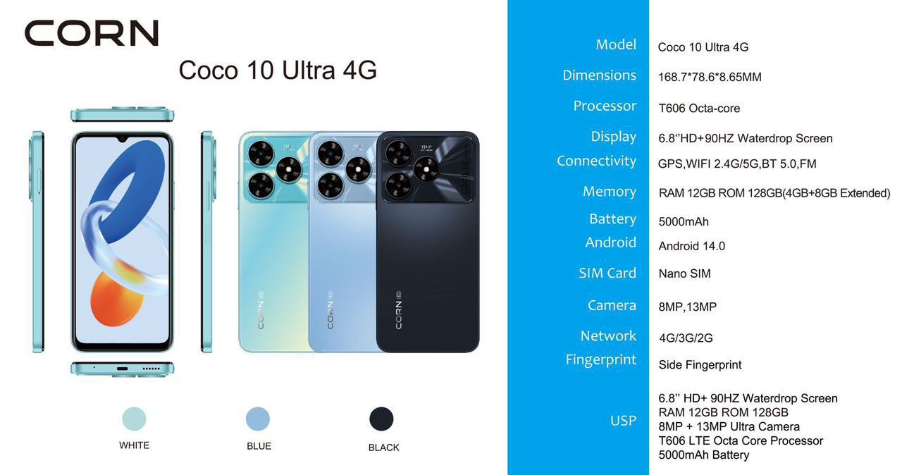 [Hot Deal 🔥]Corn Coco 10 Ultra 4G 128GB+12GB(4+8)GB 5000mAh Battery 6.8 Inches HD+ Screen 13 MP Main camera 8MP Selfie 90Hz refresh rate Type-C Charger Android 14 Phone SmartPhone
