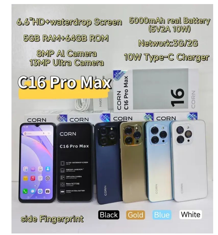 [Special Deal] Corn C16 Pro Max 64GB+5(2+3Extended ) Ram Unlocked Cell Phone Android 6.6"HD Waterdrop Screen 13MP Main Camera 8mp Front camera 5000mAh Dual SIM Face ID GPS OTG Android Smartphone