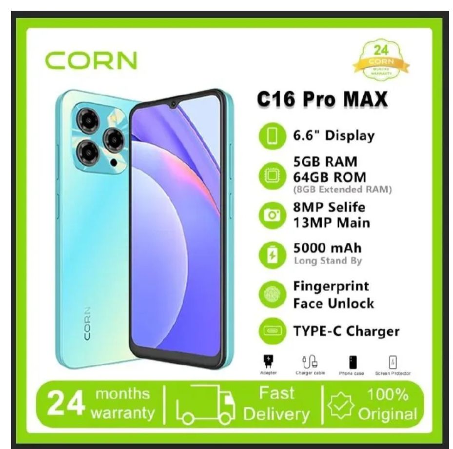 [Special Deal] Corn C16 Pro Max 64GB+5(2+3Extended ) Ram Unlocked Cell Phone Android 6.6"HD Waterdrop Screen 13MP Main Camera 8mp Front camera 5000mAh Dual SIM Face ID GPS OTG Android Smartphone