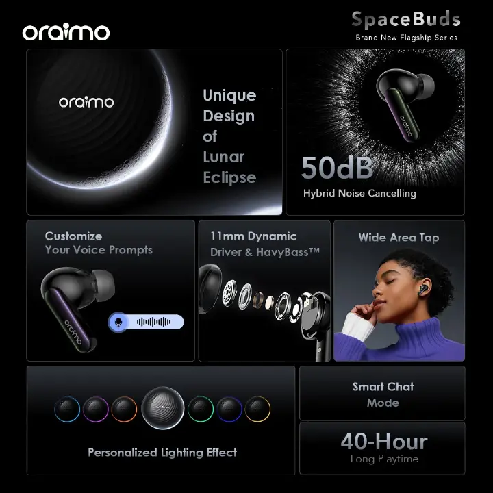 [Super Quality]Oraimo Spacebuds OTW-630 Hybrid ANC True Wireless Earbuds Customized Voice Prompt Wireless Bluetooth Earphones
