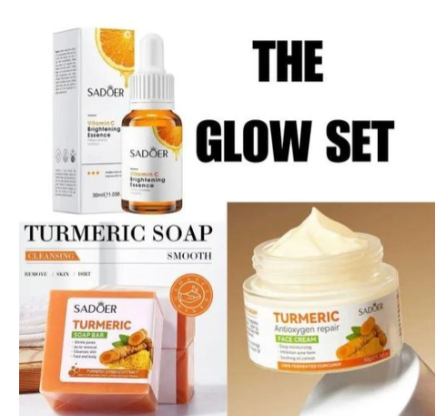 SADOER Glow Set 3 In 1, Vitamin C + Turmeric Cream + Tumeric Soap, Moisturzing,Anti-age, Fade Spots Anti-acne & Oil Control Combination Smoothing Deep Hydration,Inhibits Acne Formation,fades acnemarks