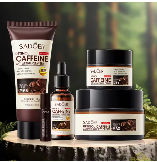 SADOER 5 Pcs  SET Retinol Caffeine Anti-Wrinkle Skincare Set, Cleanser, Eye Cream, Face Cream, Face Serum & eye Essence  for Dark Circles, Fine Lines, Puffiness, Firming, Brightening & Anti-Aging Care
