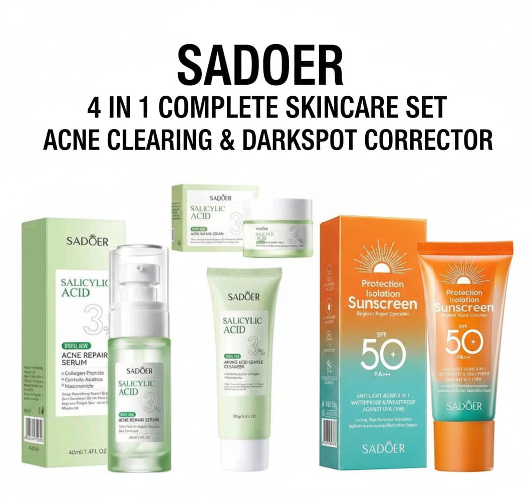 SADOER Clear Defense 4-in-1 Acne Repair & darkspots clearing starter Set – 3% Salicylic Acid Cleanser, Acne Repair Serum & Cream + SPF 50 Sunscreen with Amino Acids, Soothing Repair Care, niacinamide