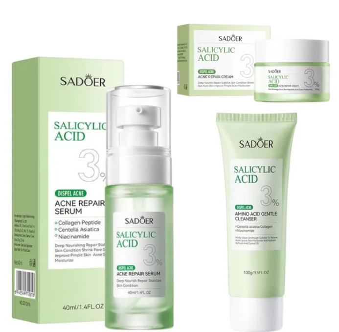 SADOER Clear Defense 4-in-1 Acne Repair & darkspots clearing starter Set – 3% Salicylic Acid Cleanser, Acne Repair Serum & Cream + SPF 50 Sunscreen with Amino Acids, Soothing Repair Care, niacinamide
