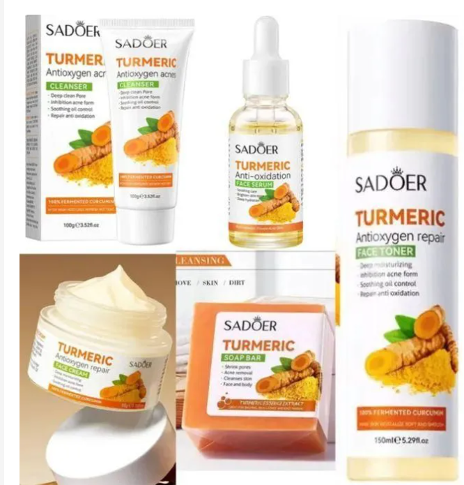 SADOER Turmeric GlowFusion 5-in-1 Skincare Set –Cleanser, Turmeric Serum, Face Toner, Moisturizing Cream & Turmeric Soap for Deep Hydration, Brightening acne scars Radiant Skin, Acne Inhibition repair