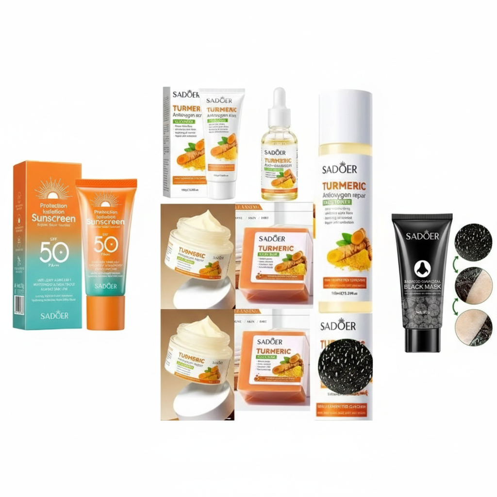 SADOER Turmeric ClearRadiance 7-in-1 Acne Defense Skincare Set – Turmeric Cleanser, Vitamin C Serum, Toner, Moisturizing Cream, Turmeric Soap, Bamboo Charcoal Blackhead Mask + SPF 50 PA+++ Sunscreen