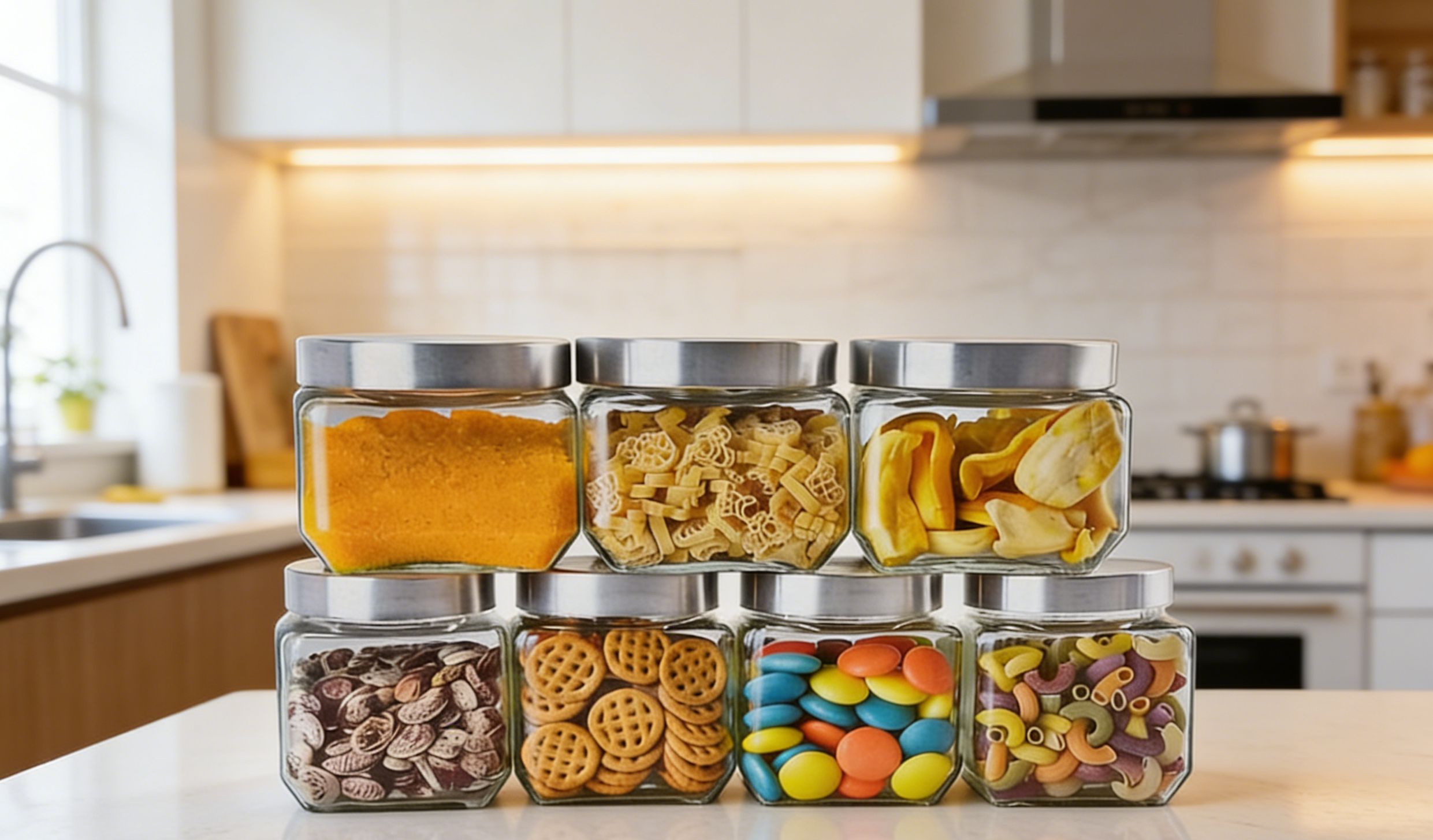 🔥PRICE OFFER🔥🌽 piece Durable clear glass jar for easy visibility, Airtight silver lids to keep food fresh longer.suitable for dry foods & snacks Elegant design to enhance your kitchen storage