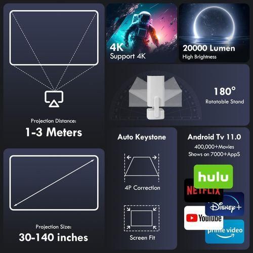 HY800 18000 Lumens 4K Ultra HD 1080P Smart Android WiFi Bluetooth 5.1 Projector with Built-In Speaker, HDMI USB Interface, High Resolution Portable Home Theater Cinema Mini Projector 1920*1080 FHD