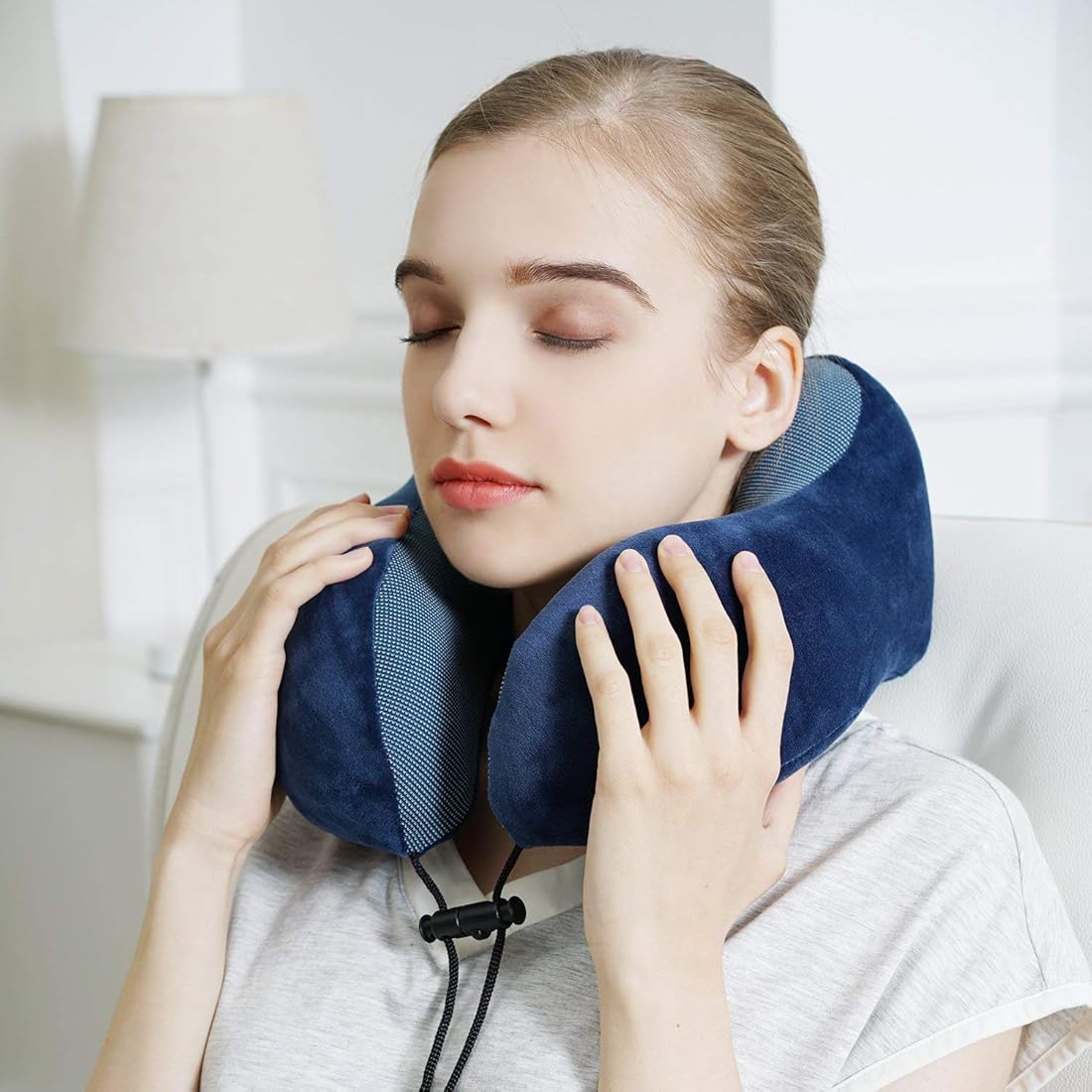 Cozy U shaped pillow (can be used for travelling).Gives support  to neck, head, and chin from every angle sleeping or seated upright.
Comfortable Spandex fabric is mixed with velvet and is memory foam