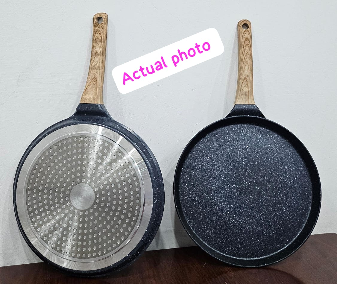 28cm Non-Stick Granite Chapati Pan Heat Resistant Wood Handle/Egg Fry Pan.This is a kitchen-friendly tool that you can use, clean, and store easily. It surely would be perfect for making Chapati, Paro