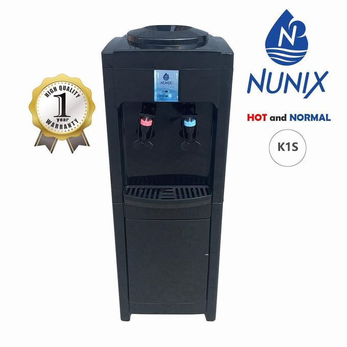 Nunix K1S Hot & Normal Water Dispenser – Black Free-Standing Dispenser with Stainless Steel Tank, Overheat Protection, Low Power Consumption, Storage Cabinet, Home & Office Use