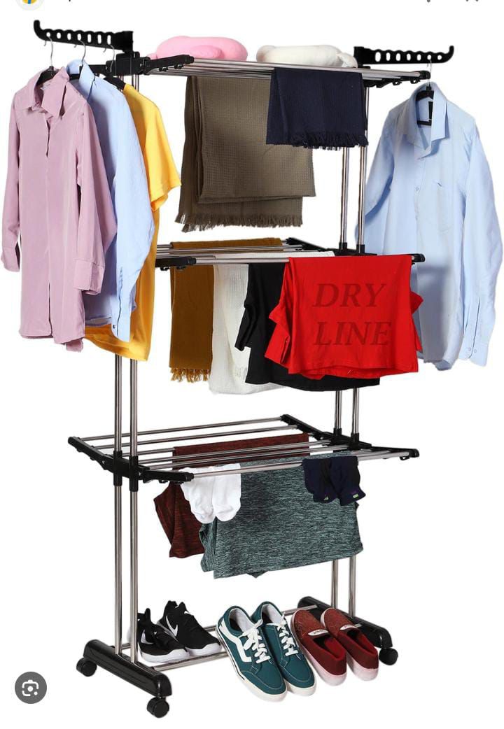🔥CLEARANCE PRICE😎Folding 3 Tier Clothes Drying Rack Rolling Collapsible Garment Laundry Dryer Hanger Stand Rail with Two Side Wings Indoor🔥Sturdy and Rust-Resistant Frame: Made with high-quality st