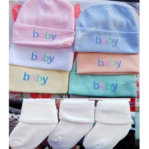 🎀3PCs Newborn Cotton Baby Cap+3Pairs Of White Socks🥰purest cotton to absorb excess heat and moisture giving the baby maximum all day comfort. Designed with the cutest  colors that are so baby friend